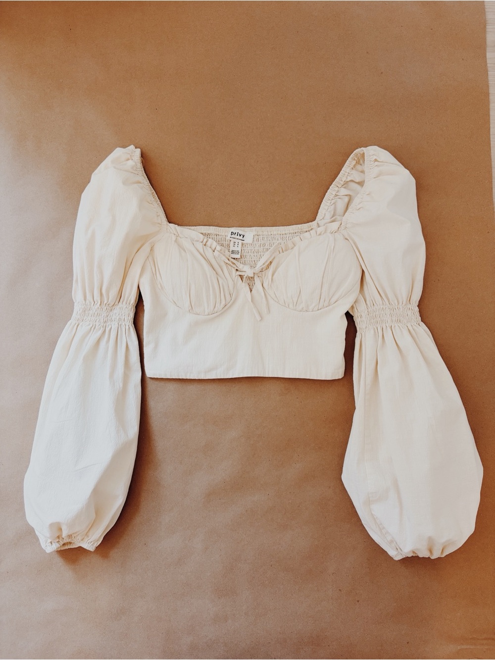 Beige Puff-Sleeve Tie-Front Crop Top